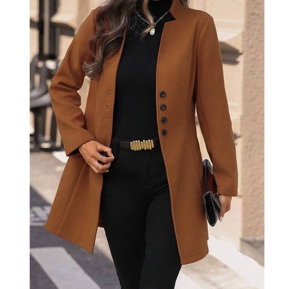 Solid Button Closure Loose Fit Jacket Coat - Picture 1 of 9